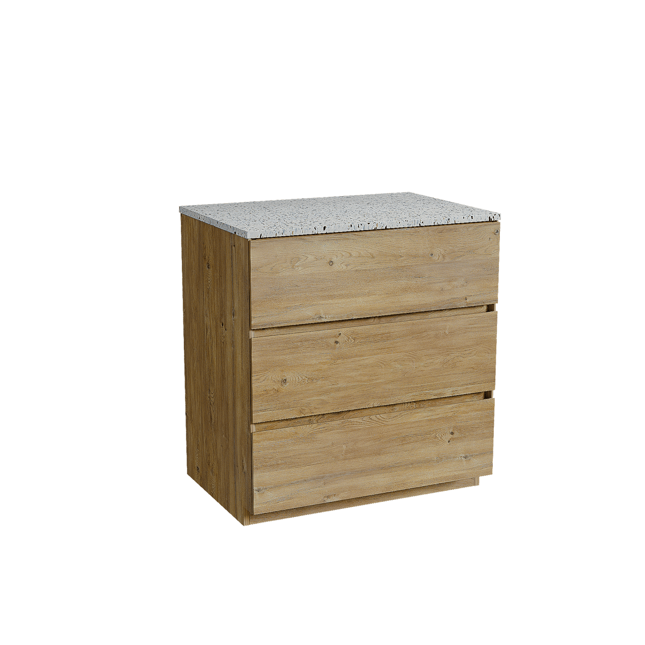 Storke Edge freistehendes Möbelstück Set: 75 x 52 cm, Rohe Eiche, mit Tavola Einzel Waschtischplatte, Terrazzo in Weiß/Schwarz matt