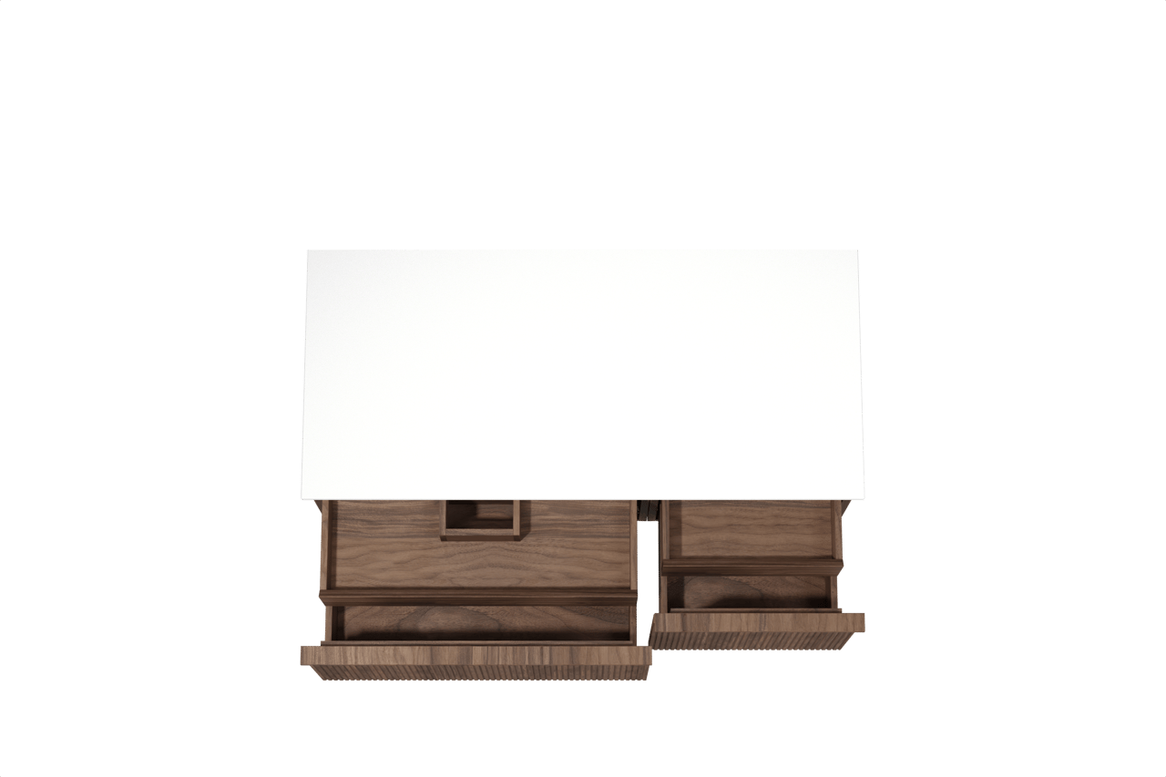 Balmani Forma zwevend badmeubel 120 x 55 cm amerikaans notenhout met Stretto enkel of dubbel wastafelblad in solid surface mat wit, Verticale symmetrische rechte ribbel