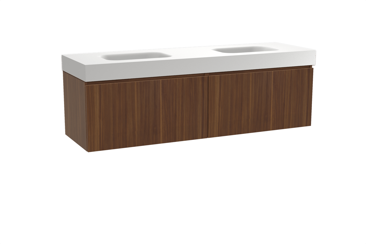 Balmani Sfera zwevend badkamermeubel 180 x 55 cm amerikaanse notelaar met Arcato dubbele wastafel in solid surface mat wit