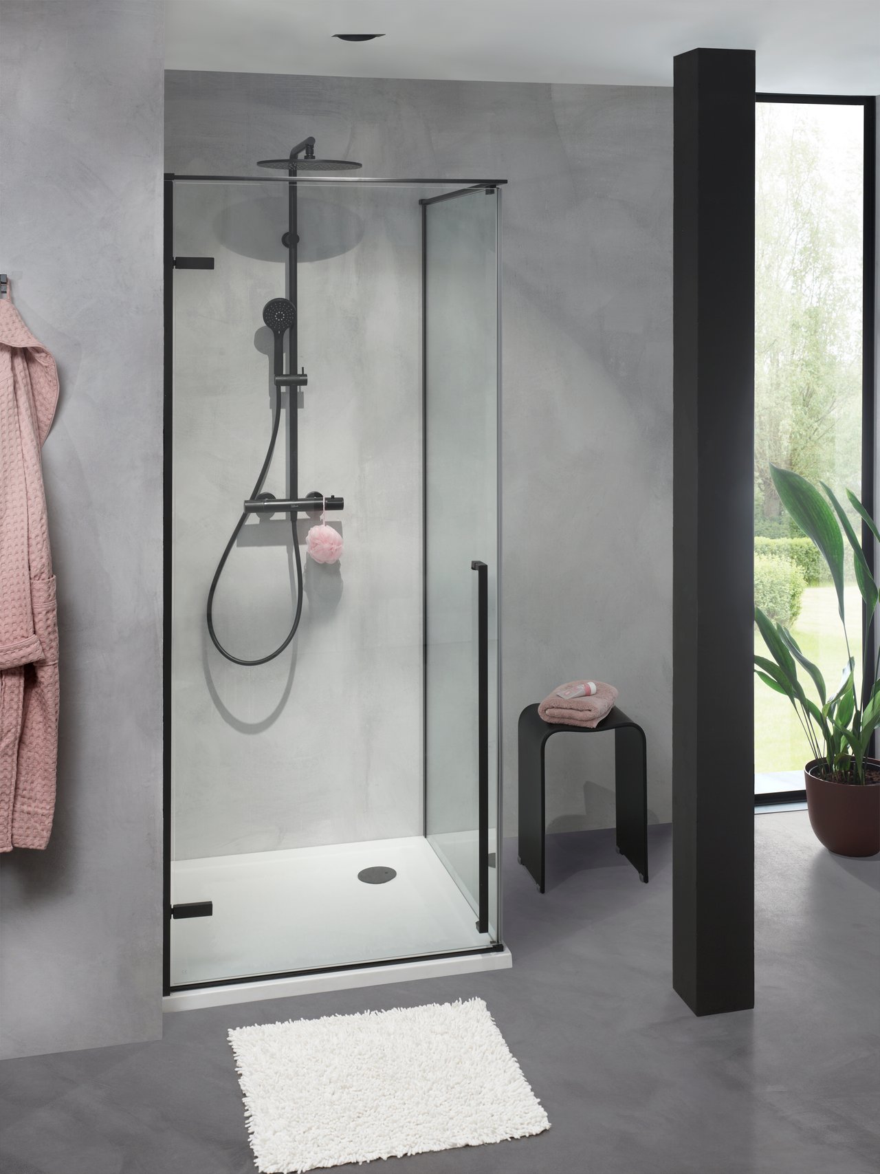 Luca Varess Stilus Eckdusche: linke Drehtür, 90 x 90 cm, Klarglas, mattschwarzes Profil