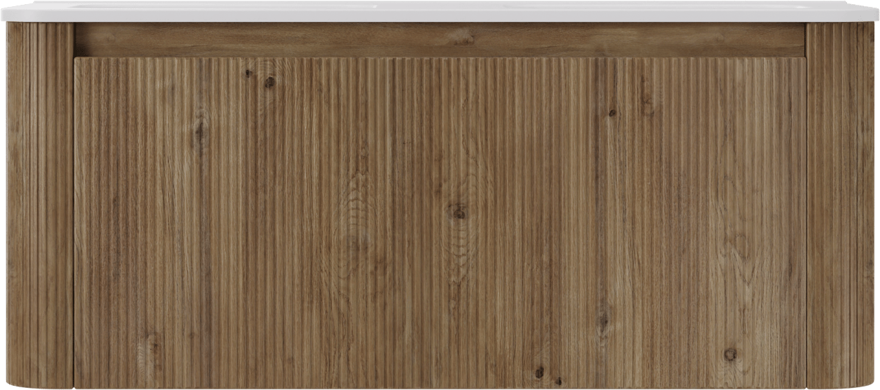 Storke Soft hängendes Möbelstück Set: 120 x 46 cm, Eiche rau, mit Kera Soft Doppelwaschtischplatte Keramik Weiβ matt, Vertikale symmetrische gerade Rippe