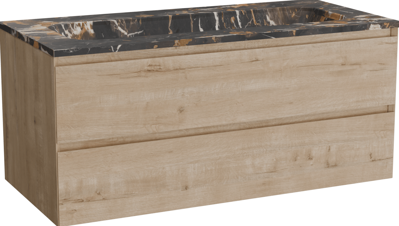 Balmani Mitra hängendes Möbelstück Set: 120 x 55 cm, Rohe Eiche, mit Tablo Arcato Einzelwaschtisch für 2 Armaturenlöcher, Marmor Portoro Gold