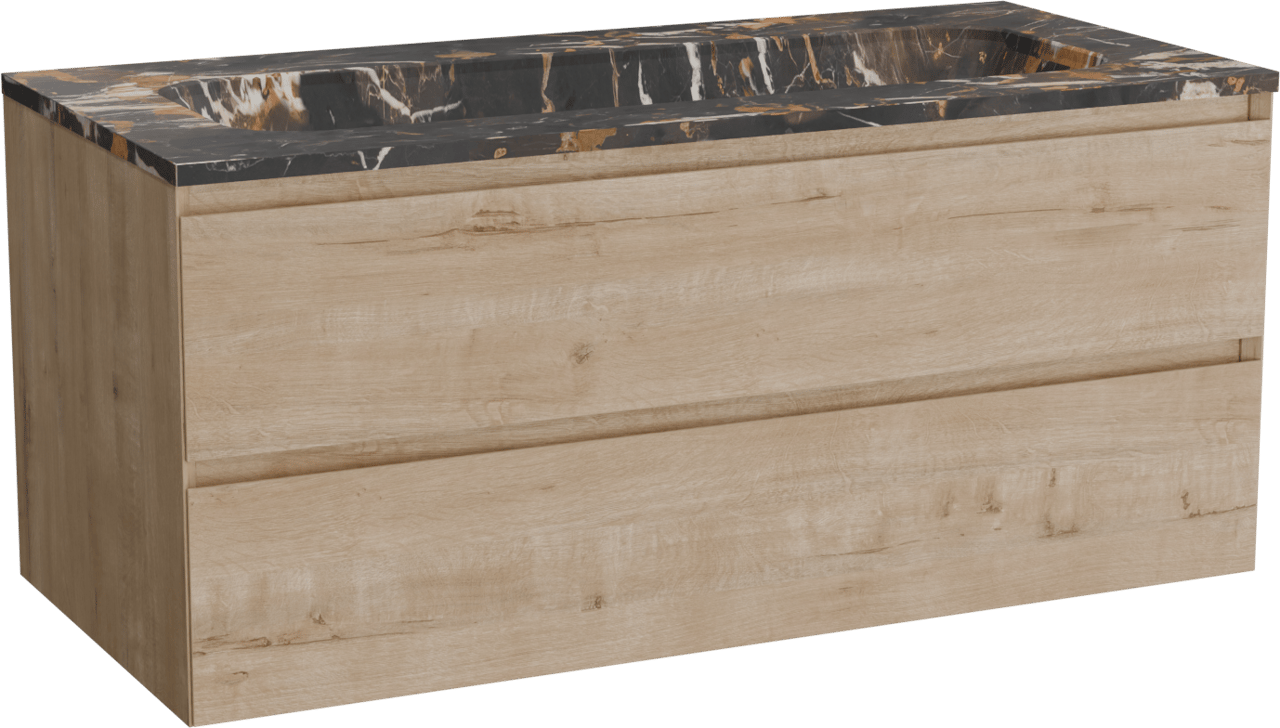 Balmani Mitra zwevend badkamermeubel 120 x 55 cm ruwe eik met Tablo Arcato enkele wastafel voor 2 kraangaten in marmer portoro gold