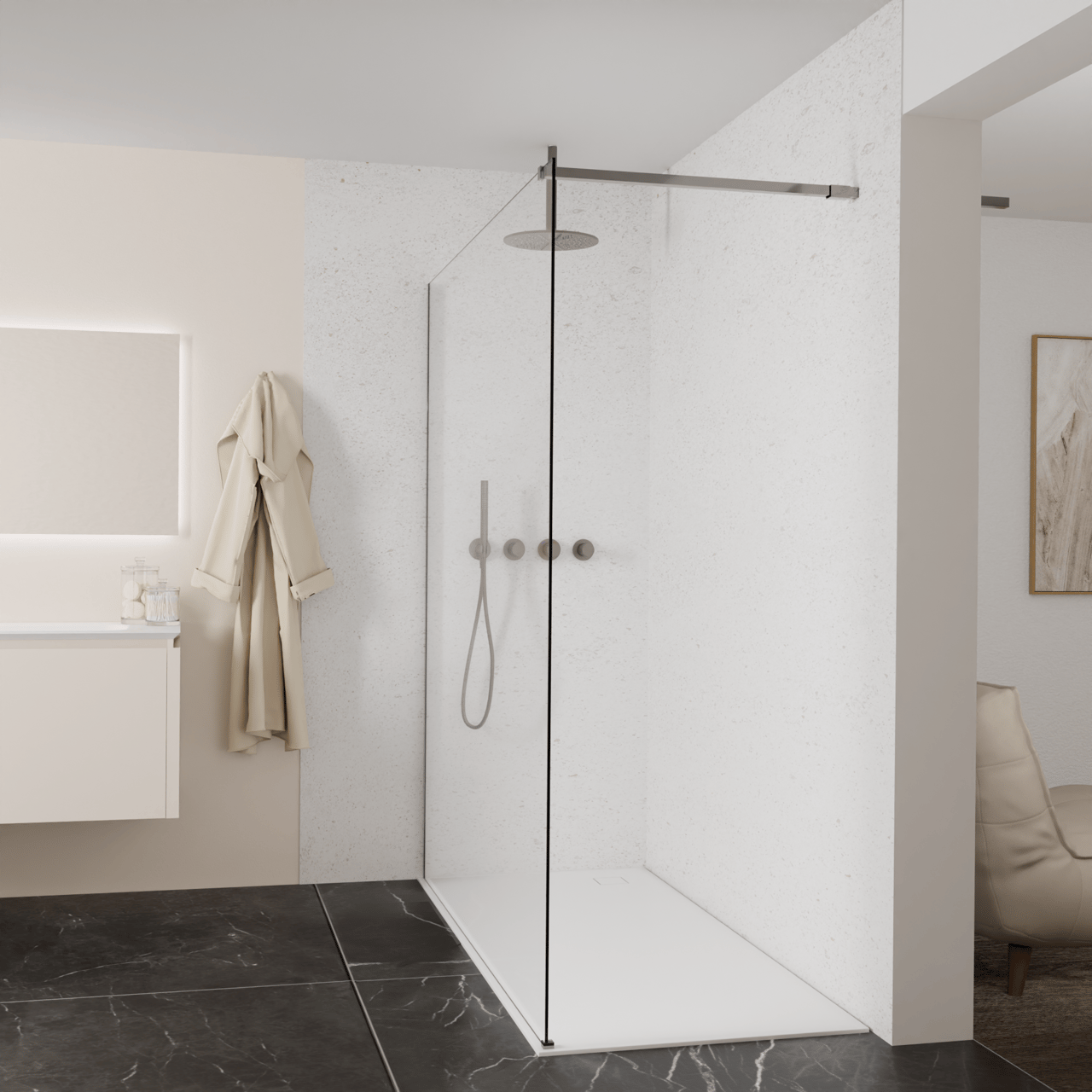 Balmani Modular douche à l'italienne: 180 x 200 cm, Verre transparent, Profil Brushed GunMetal