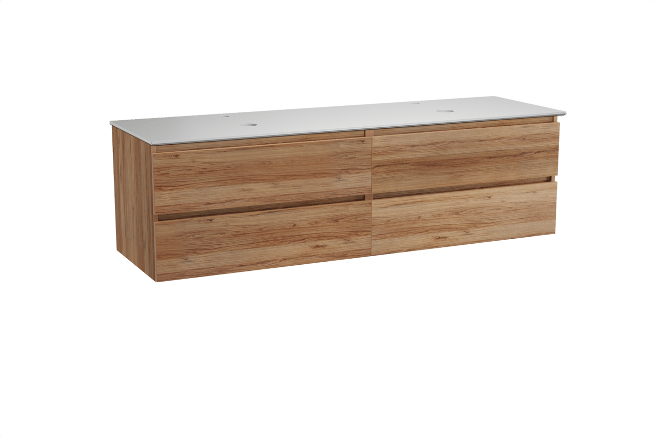 Balmani Lucida zwevend badkamermeubel 180 x 55 cm teak met Facetta dubbel tablet in solid surface mat wit
