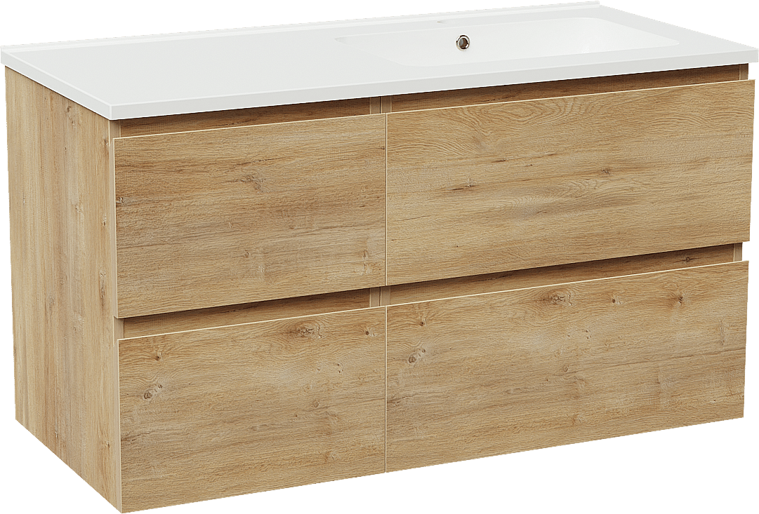 Linie Lado meuble salle de bains suspendu 100 x 46 cm chêne naturel avec Vano vasque asymétrique droite en marbre composite blanc brillant