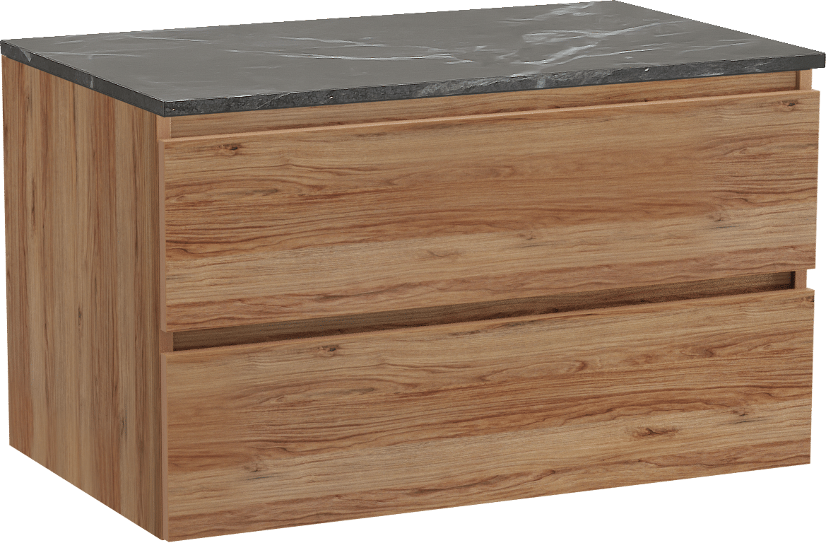 Balmani Lucida zwevend badmeubel 90 x 55 cm teakhout met Stretto enkel wastafelblad in marmer pietra grey