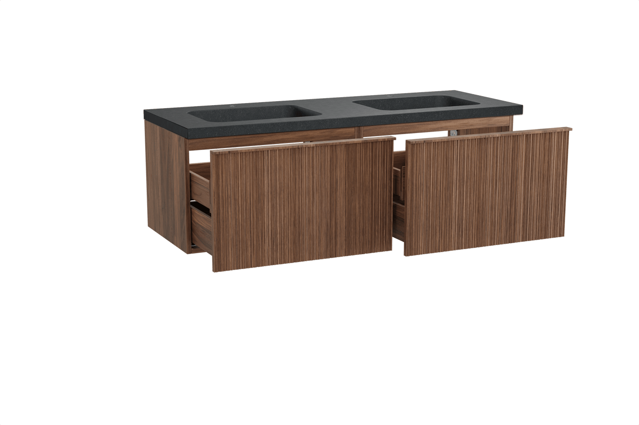 Balmani Forma zwevend badmeubel 150 x 55 cm amerikaans notenhout met Napoli dubbele wastafel in zwart graniet, Verticale asymmetrische ronde ribbel