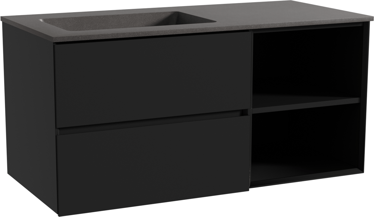 Storke Edge zwevend badmeubel 110 x 52 cm mat zwart met Scuro asymmetrisch linkse wastafel in kwarts mat zwart
