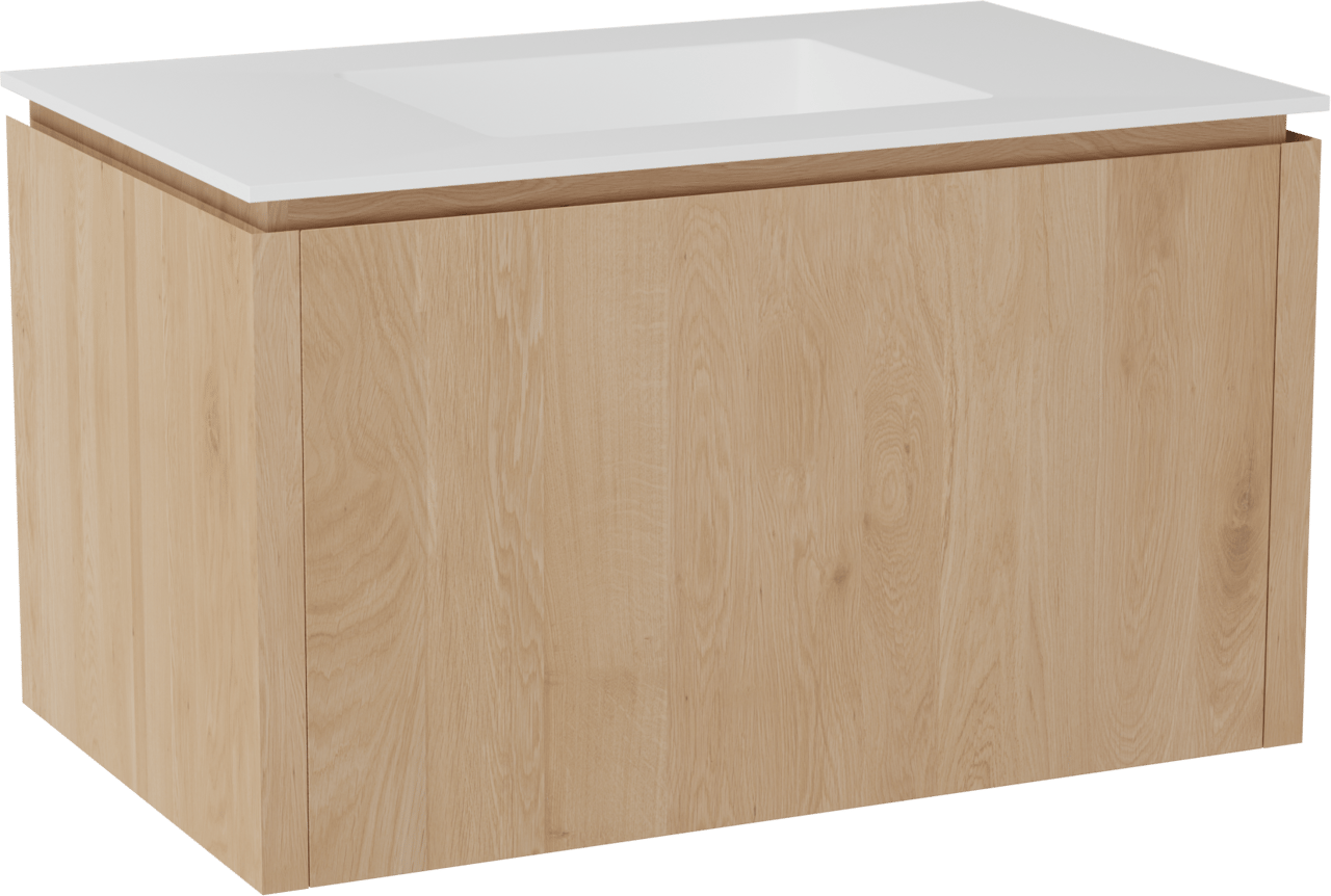 Balmani Eclips hängendes Möbelstück Set: 90 x 55 cm, Eiche Natur, mit Tablo Stretto Einzelwaschtisch Solid Surface Weiβ matt