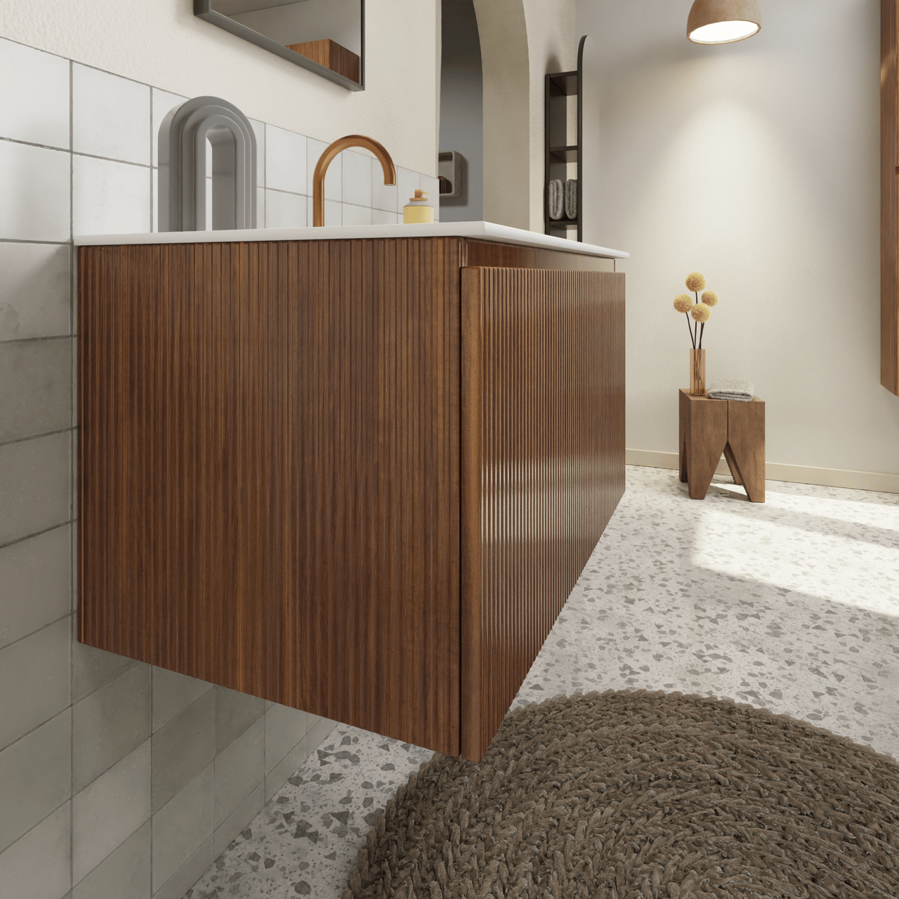 Storke Ribs meuble sous-lavabo suspendu 85 x 52 cm noyer 2 tiroirs