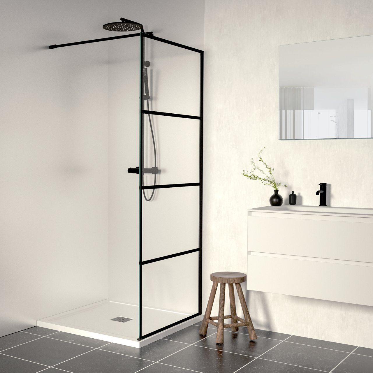 Linie Walk-In Walk-In Dusche: 90 x 200 cm, Stripes Glas, Schwarzes Profil, matt