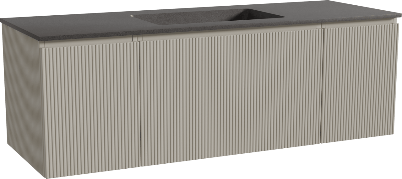 Storke Ribs zwevend badmeubel 145 x 52 cm zijdegrijs met Scuro enkele wastafel in kwarts mat zwart, Verticale symmetrische rechte ribbel