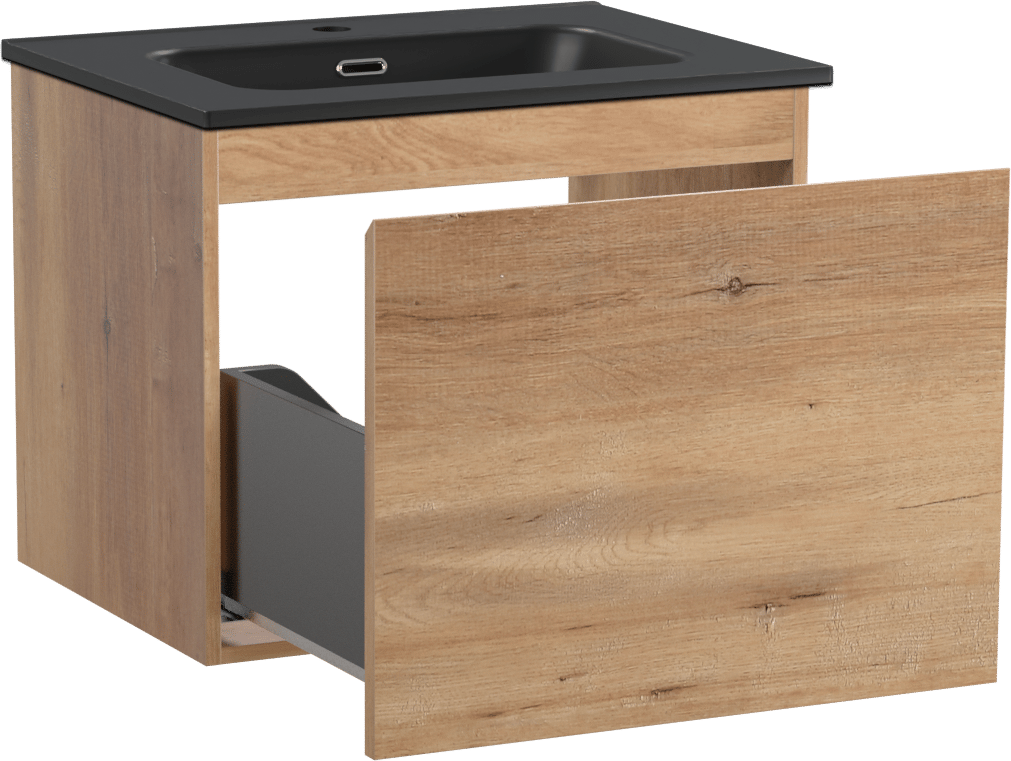 Linie Lado hängendes Möbelstück Set: 60 x 46 cm, Naturbelassene Eiche, mit Baro Einzelwaschtisch, Porzellan Schwarz matt