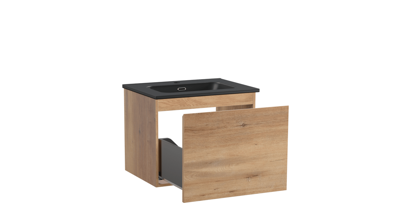 Linie Lado hängendes Möbelstück Set: 60 x 46 cm, Naturbelassene Eiche, mit Baro Einzelwaschtisch, Porzellan Schwarz matt