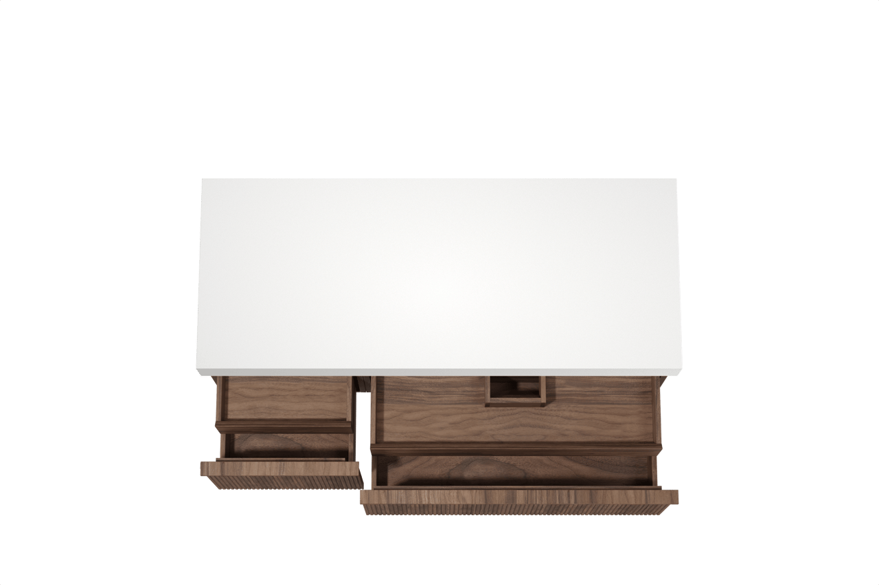 Balmani Forma hängendes Möbelstück Set: 135 x 55 cm, Amerikanischer Nussbaum, mit Dominus Einzel- oder Doppel Waschtischplatte, Solid Surface, Weiß matt, Vertikale symmetrische gerade Rippe