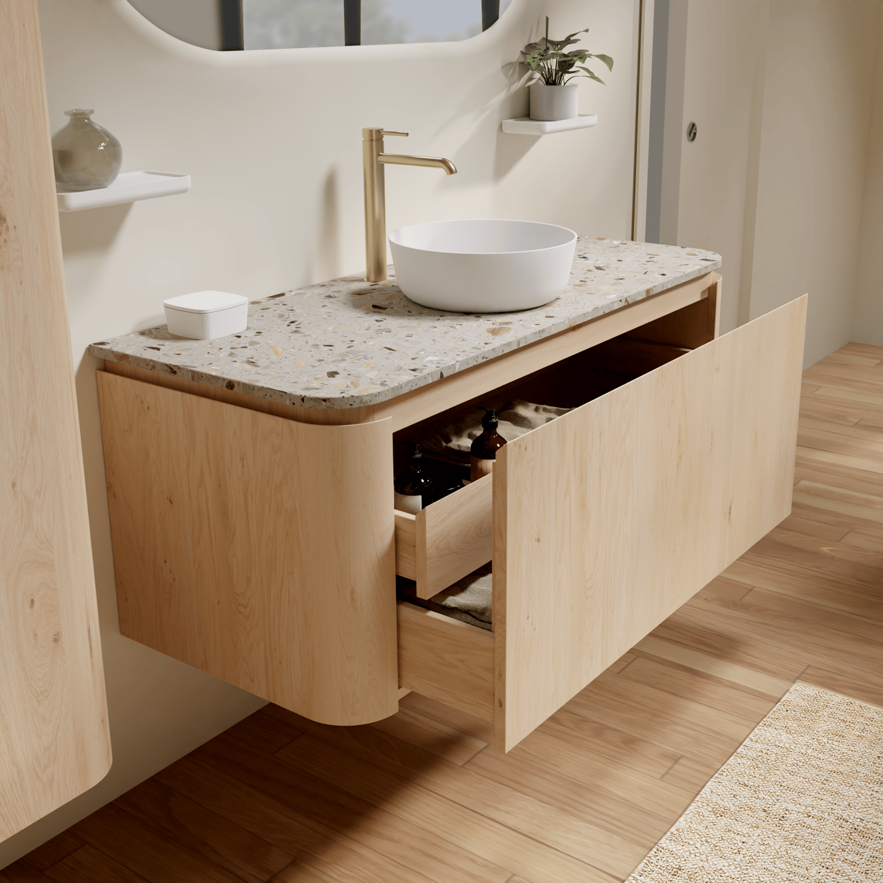 Balmani Moon zwevend badkamermeubel 130 x 55 cm natuur eik met Moon enkel of dubbel tablet in terrazzo greige terrazzo