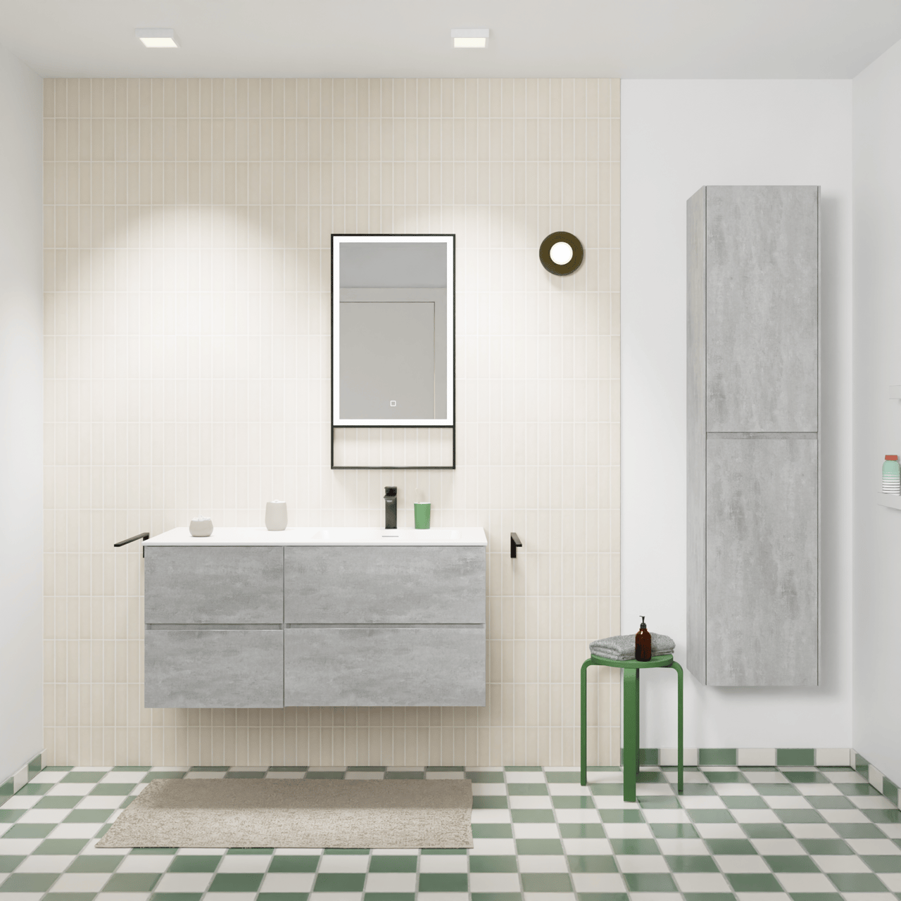 Storke Edge meuble salle de bains suspendu 110 x 52 cm béton gris foncé avec Mata plan vasque asymétrique à droite en solid surface blanc mat