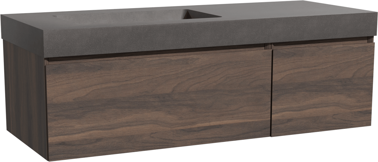 Storke Edge zwevend badkamermeubel 130 x 52 cm notelaar met Scuro High asymmetrisch linkse wastafel in kwarts mat zwart