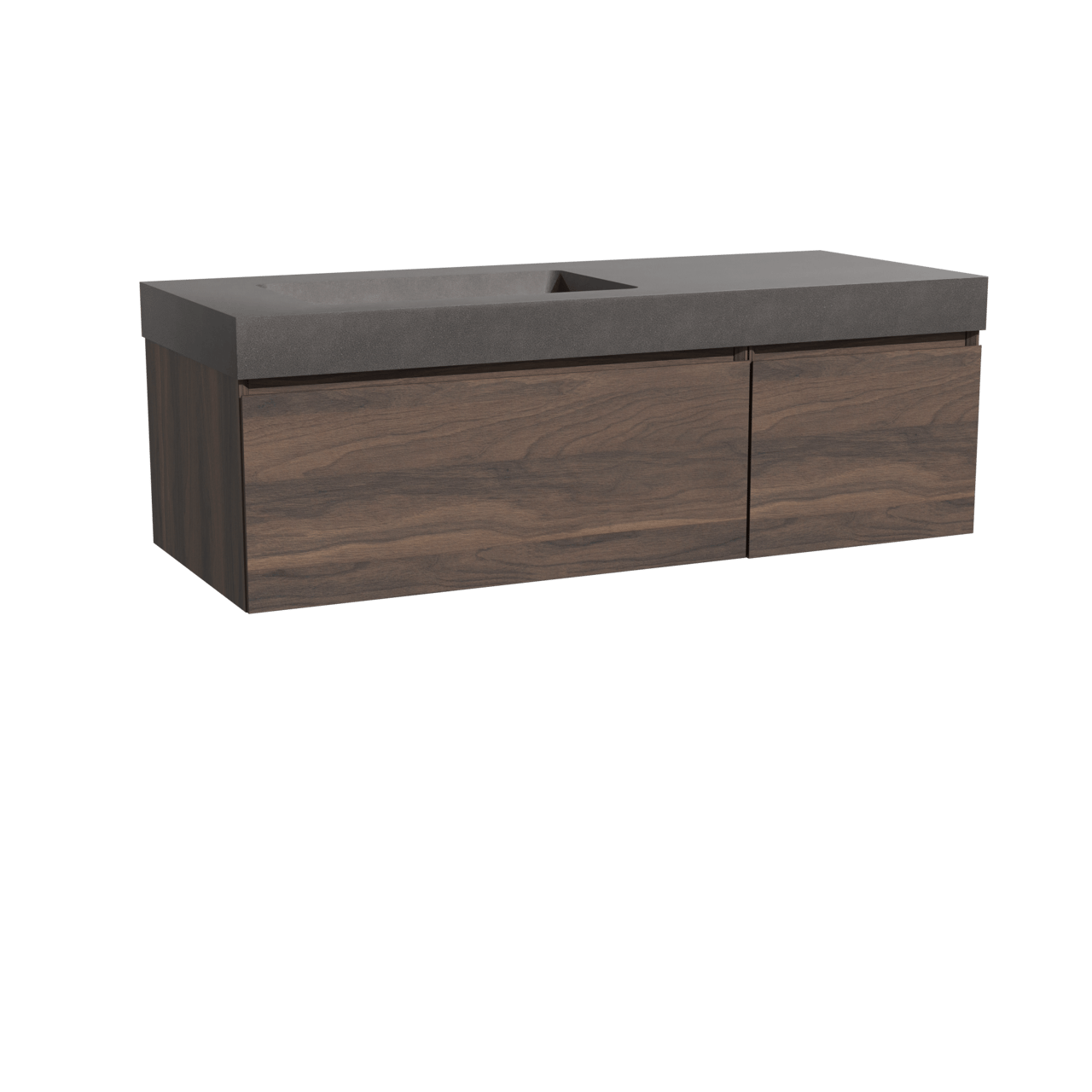 Storke Edge meuble salle de bains suspendu 130 x 52 cm noyer avec Scuro High vasque asymétrique gauche en quartz noir mat