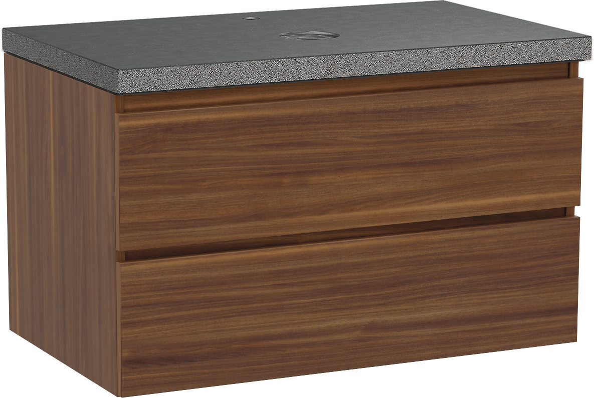 Balmani Lucida hängendes Möbelstück Set: 90 x 55 cm, Amerikanischer Nussbaum, mit Rock Einzel Waschtischplatte, Schwarzes Granit