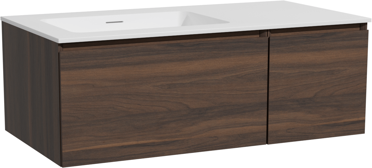 Storke Edge hängendes Möbelstück Set: 100 x 52 cm, Nussbaum, mit Mata Waschtisch links, Solid Surface Weiß matt