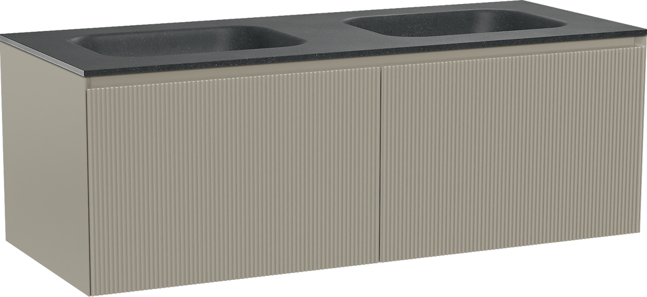 Balmani Fila zwevend badkamermeubel 135 x 55 cm steengrijs met Tablo Arcato dubbele wastafel in graniet zwart, Verticale symmetrische rechte ribbel