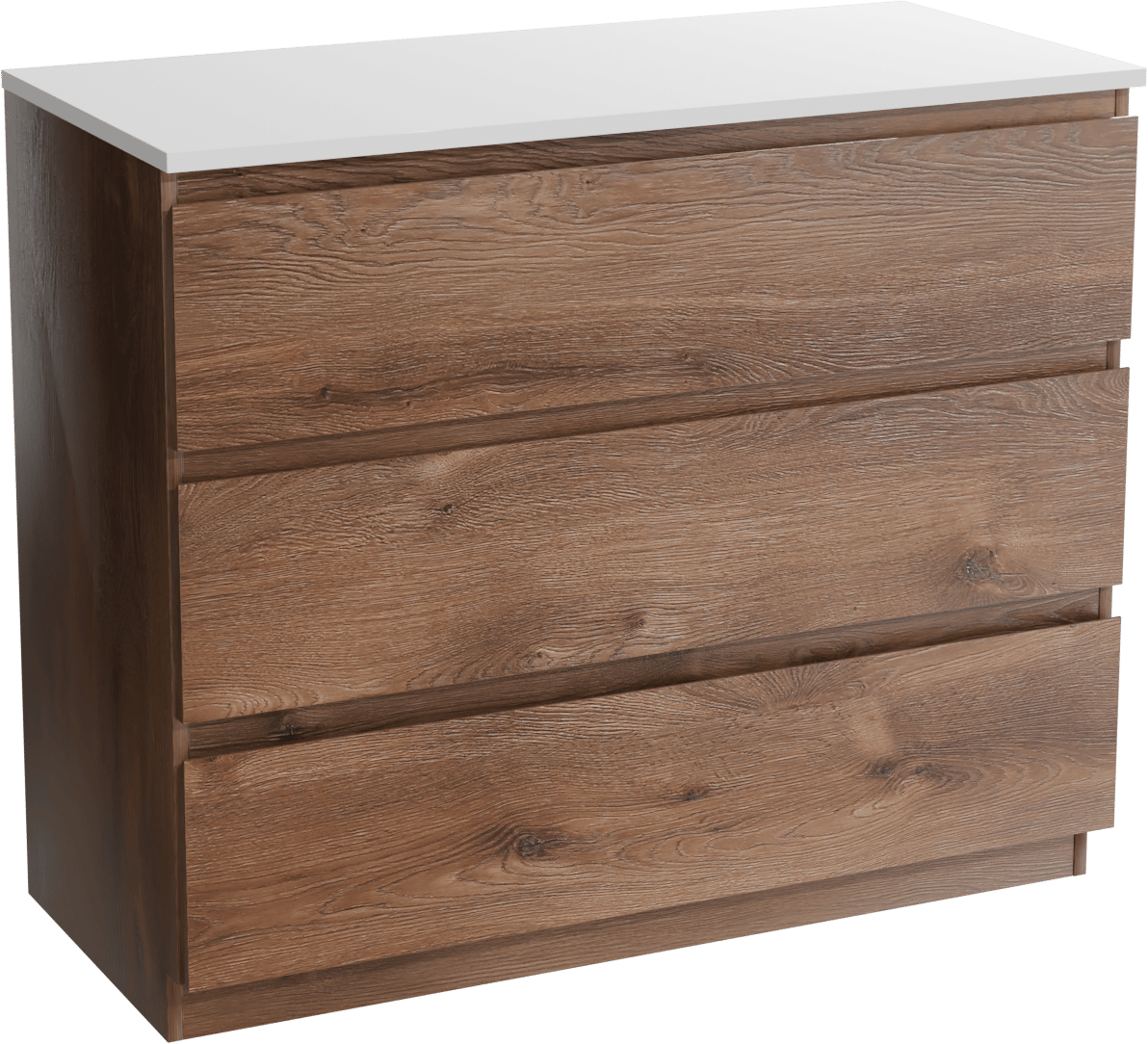 Linie Lado freistehendes Möbelstück Set: 100 x 46 cm, Braune Eiche, mit Lado Einzel- oder Doppel Waschtischplatte, Marmorkomposit Weiß glänzend