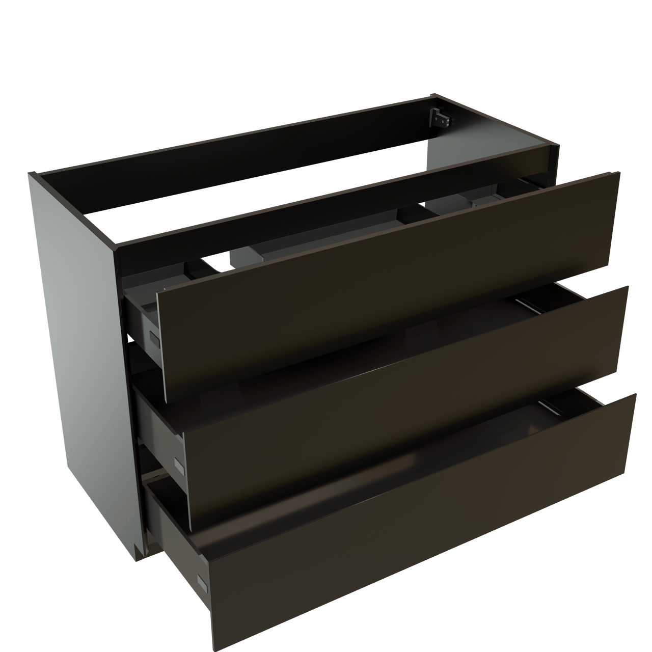 Storke Edge stehender Waschbeckenunterschrank: 120 x 52 cm, Schwarz Matt, 3 Schubladen, 2 Siphonaussparungen