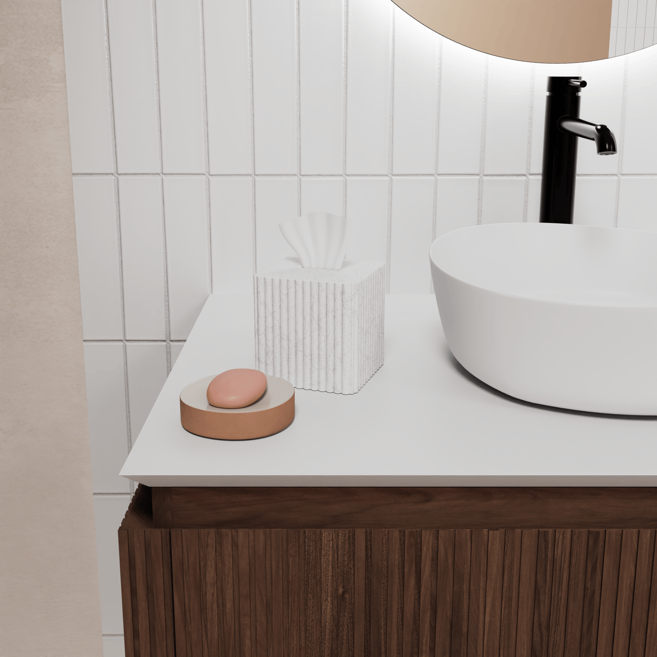 Balmani Eclips zwevend badkamermeubel 120 x 55 cm Amerikaanse notelaar met Eclips enkel of dubbel tablet in Solid Surface mat wit, Verticale symmetrische rechte ribbel