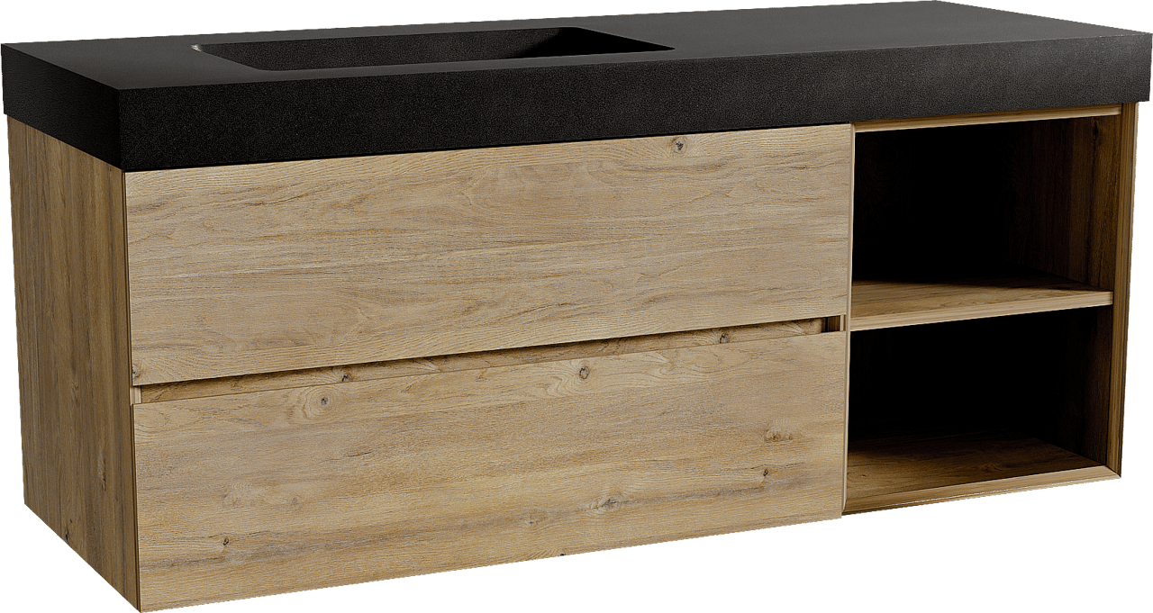 Storke Edge zwevend badmeubel 140 x 52 cm ruw eiken met Scuro High asymmetrisch linkse wastafel in kwarts mat zwart
