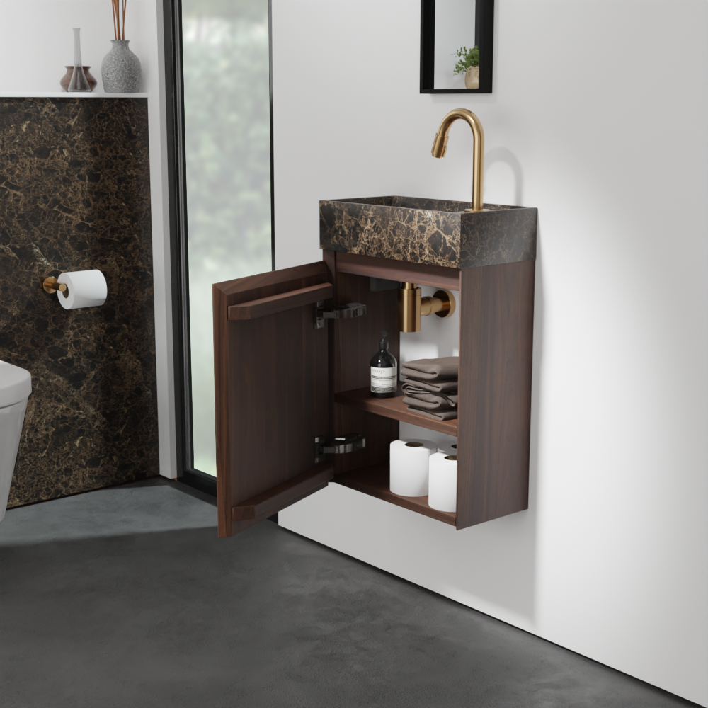 Balmani Mitra zwevend toiletmeubel 42 x 21 cm amerikaanse notelaar met Dama wastafel in Dark Emperador marmer