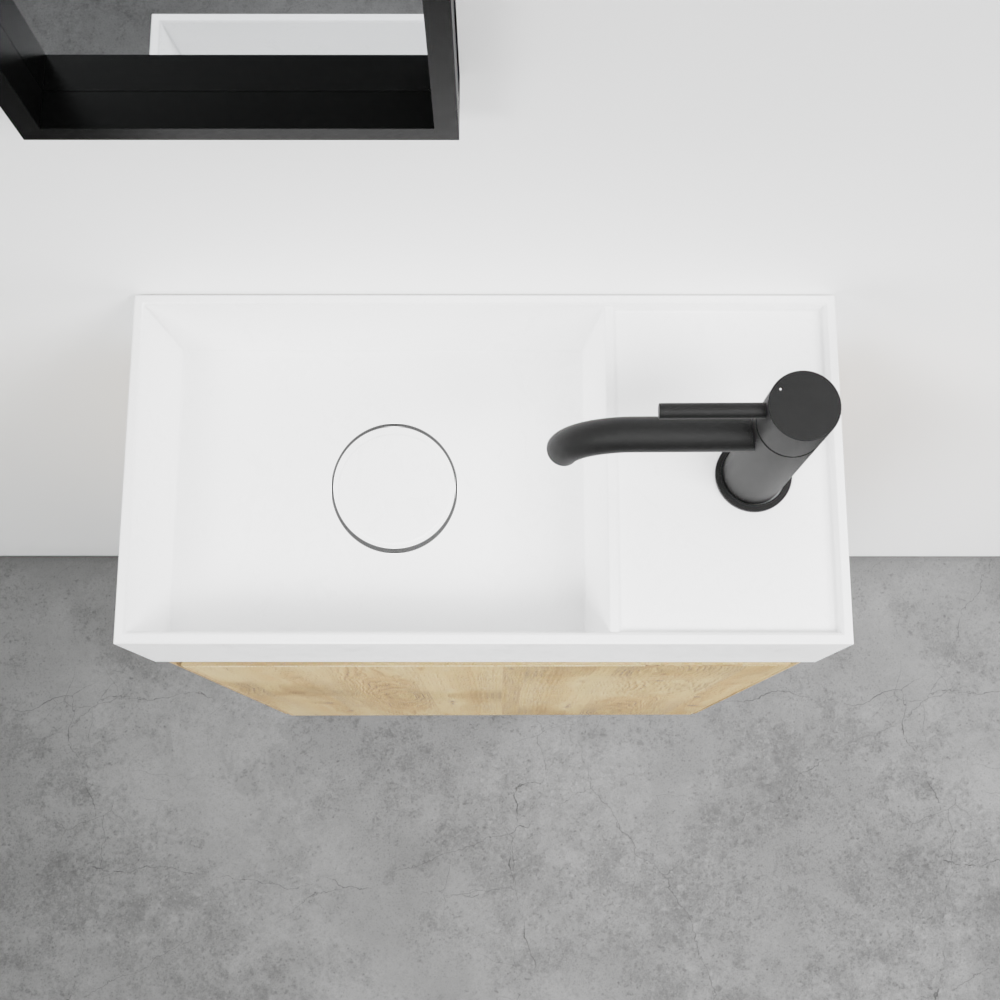 Balmani Mitra hängendes Badmöbel Set (Gäste WC): 42 x 21 cm, Eiche Natur, Loop Waschtisch, Solid Surface, matt