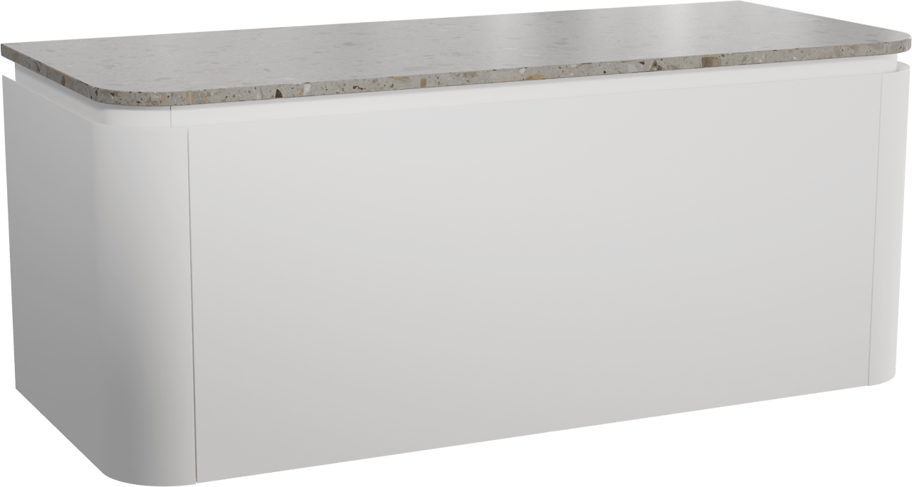 Balmani Moon zwevend badmeubel 130 x 55 cm mat wit met Moon enkel of dubbel wastafelblad in terrazzo greige terrazzo