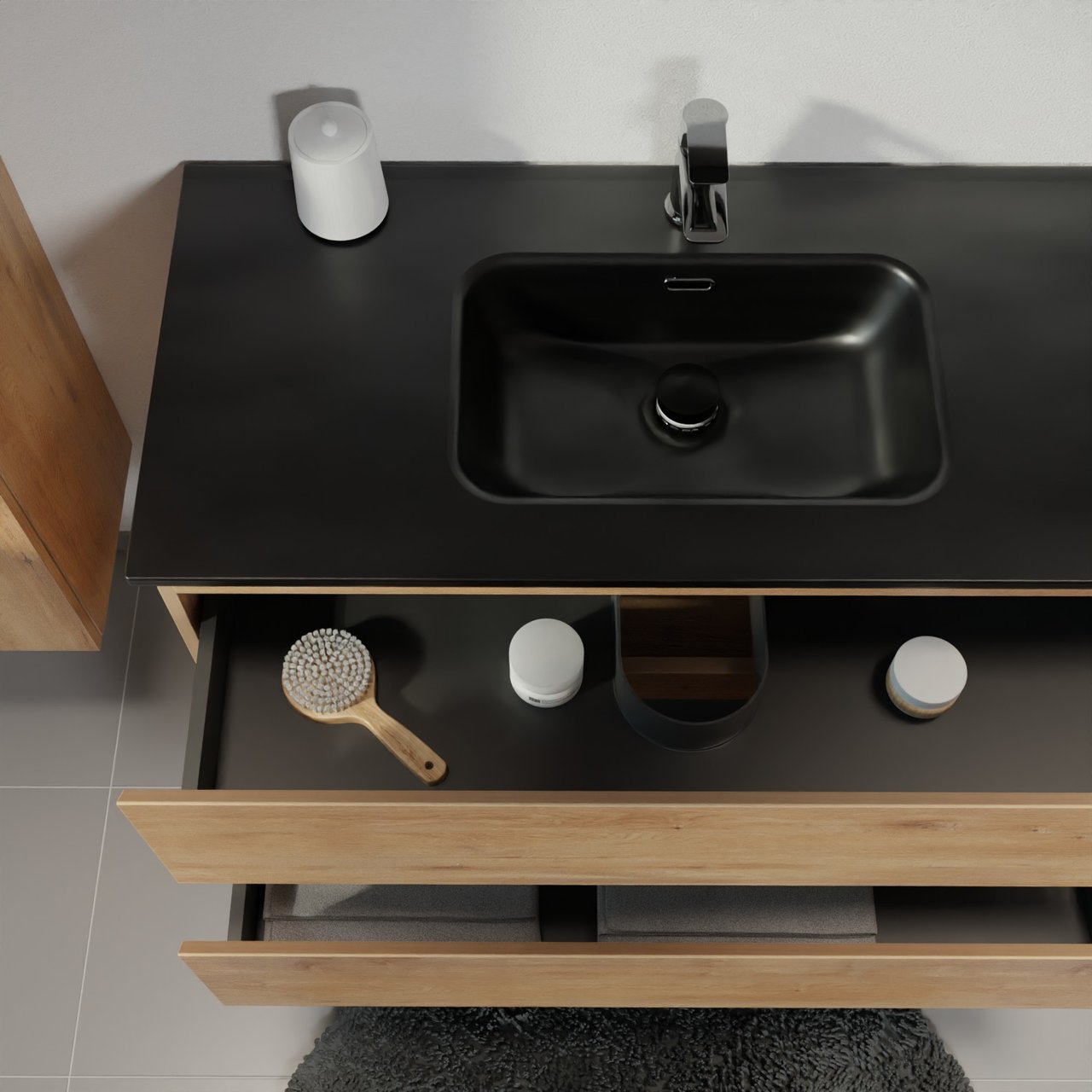 Linie Lado hängendes Möbelstück Set: 70 x 46 cm, Naturbelassene Eiche, mit Baro Einzelwaschtisch, Porzellan Schwarz matt