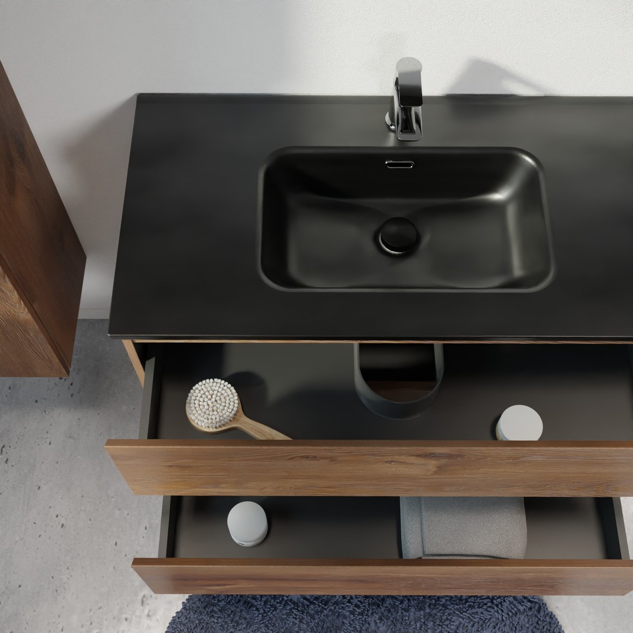 Linie Lado meuble salle de bains suspendu 70 x 46 cm chêne brun avec Baro plan simple en porcelaine noir mat