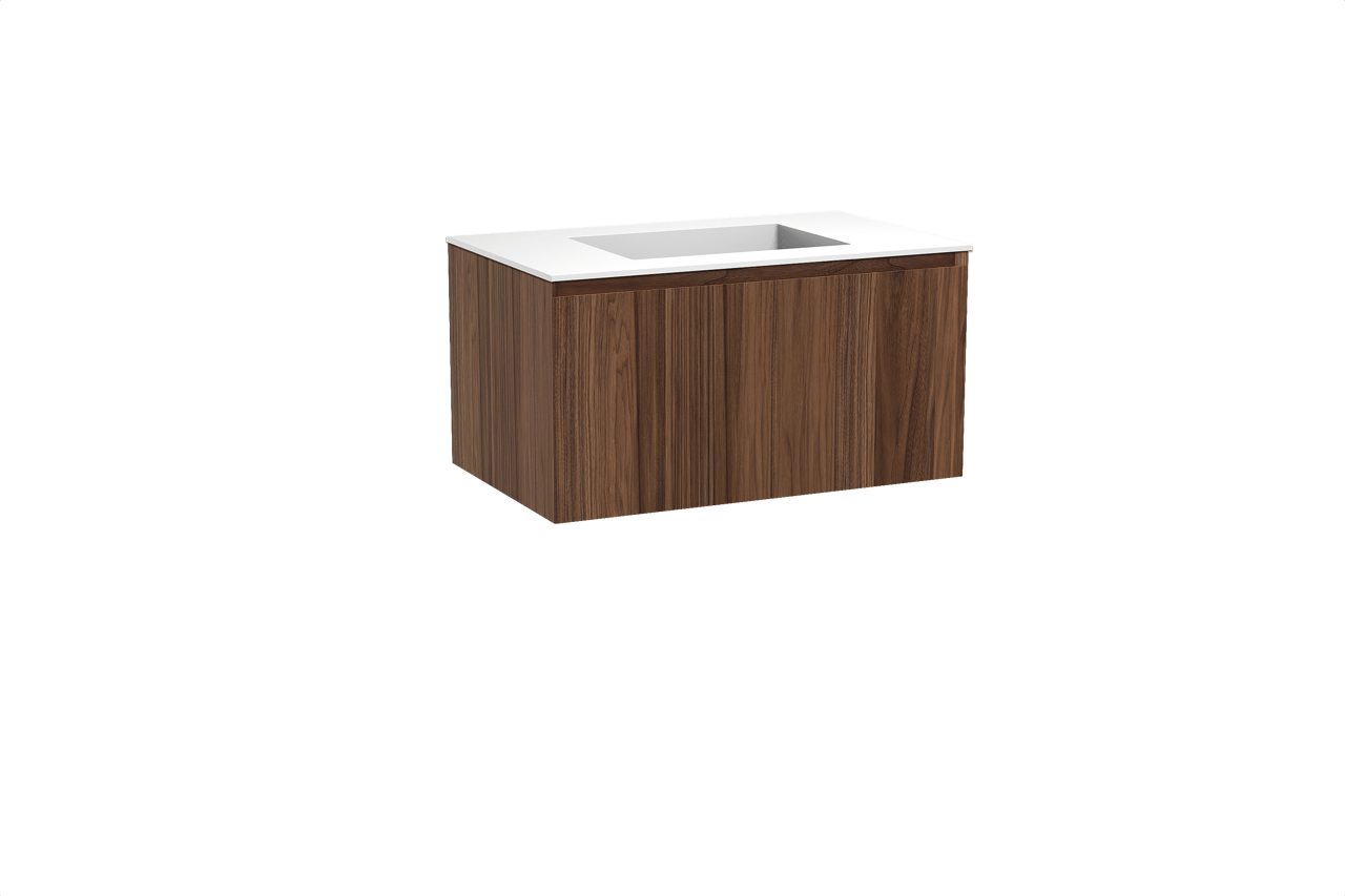 Balmani Idra hängendes Möbelstück Set: 90 x 55 cm, Nussbaum, mit Tablo Stretto Einzelwaschtisch, Solid Surface Weiß matt