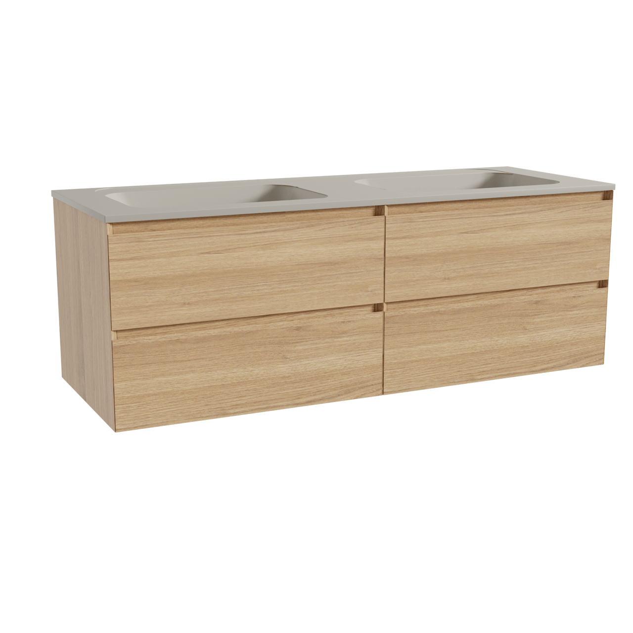 Balmani Mitra hängendes Möbelstück Set: 150 x 55 cm, Naturbelassene Eiche, mit Tablo Strada Doppelwaschtisch, Marmorkomposit Seidengrau