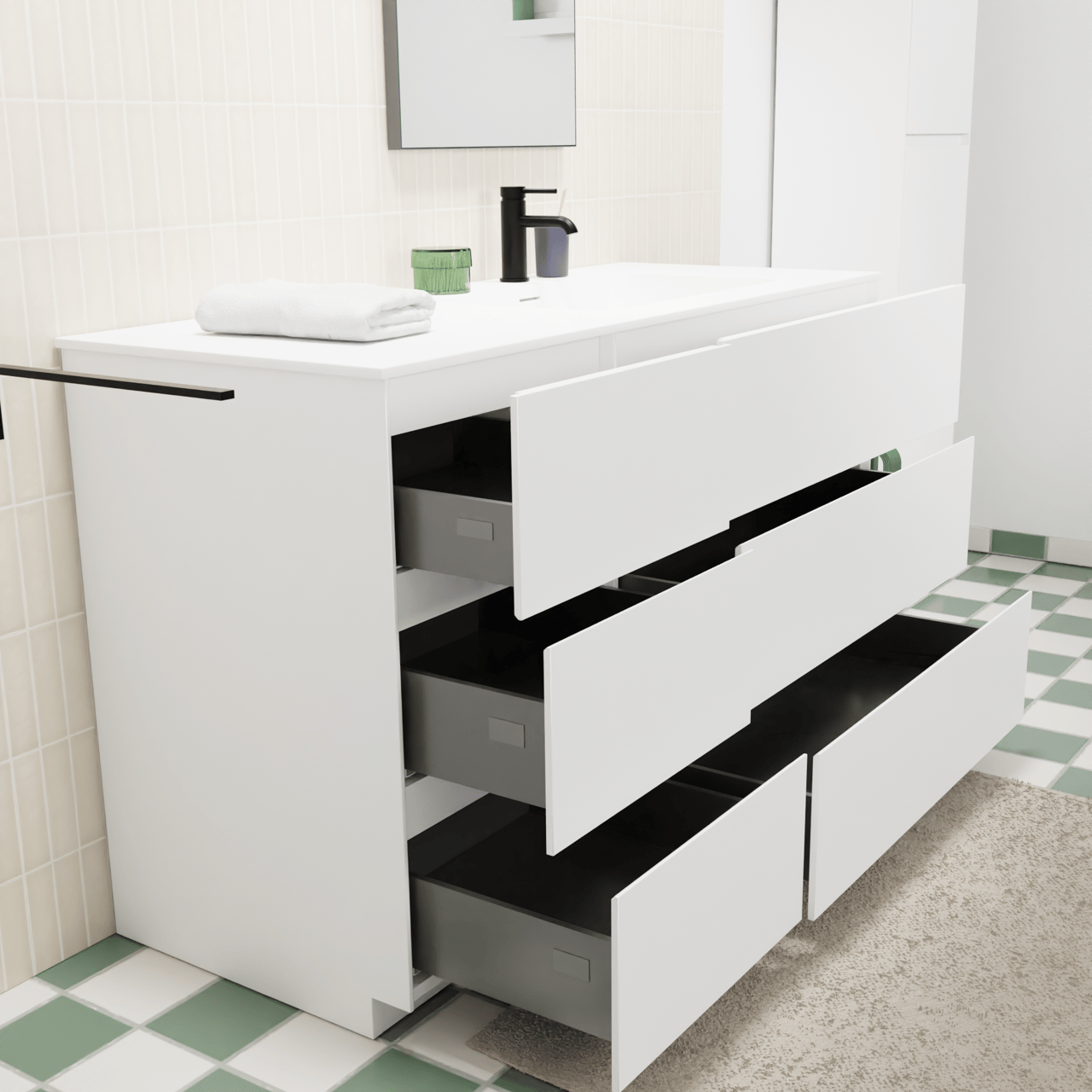 Storke Edge meuble salle de bains à poser 130 x 52 cm blanc mat avec Mata plan vasque asymétrique à droite en solid surface blanc mat