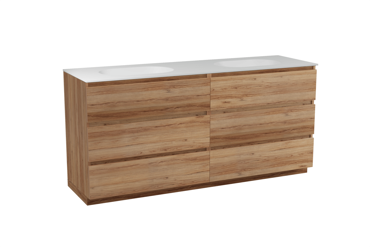 Balmani Lucida staand badkamermeubel 180 x 55 cm teak met Tablo Oval dubbele wastafel in solid surface mat wit