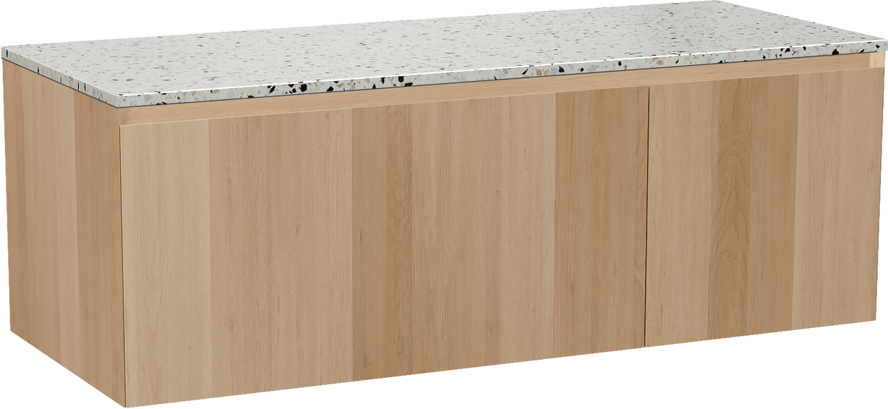 Balmani Idra zwevend badmeubel 135 x 55 cm naturel eiken met Stretto enkel of dubbel wastafelblad in mat wit/zwart terrazzo