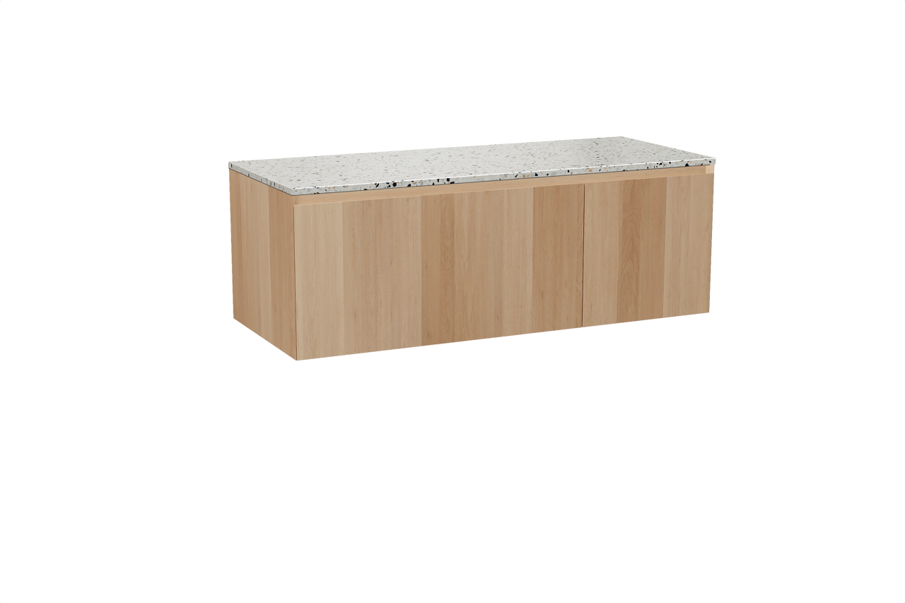 Balmani Idra zwevend badkamermeubel 135 x 55 cm natuur eik met Stretto enkel of dubbel tablet in mat wit/zwart terrazzo