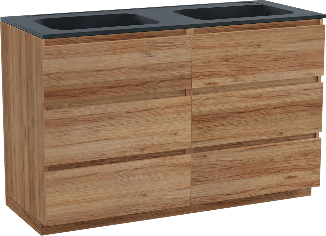 Balmani Lucida staand badkamermeubel 135 x 55 cm teak met Tablo Strada dubbele wastafel in composietmarmer mat zwart