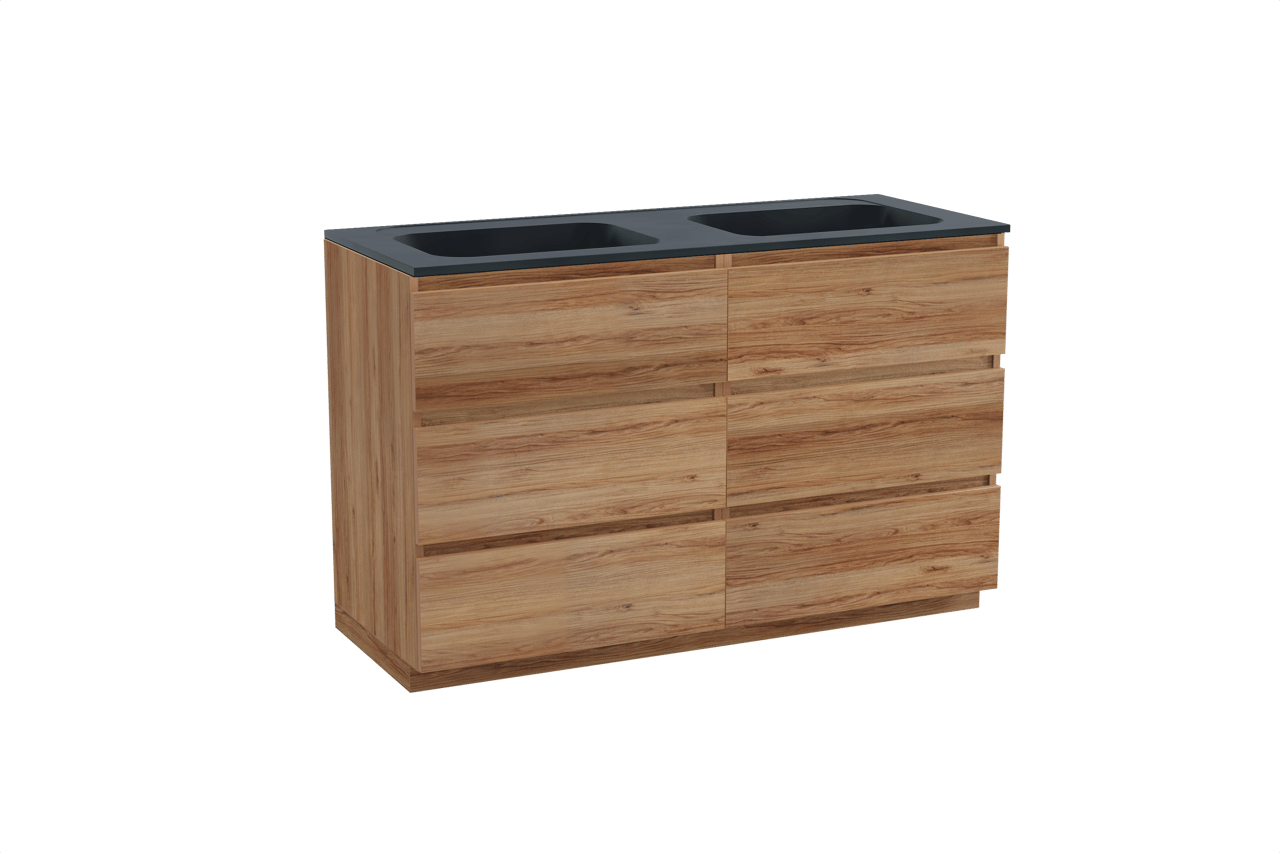 Balmani Lucida staand badkamermeubel 135 x 55 cm teak met Tablo Strada dubbele wastafel in composietmarmer mat zwart