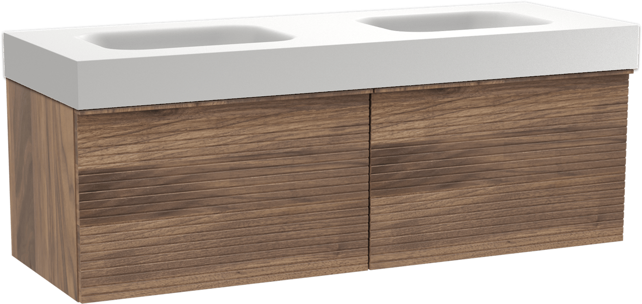 Balmani Forma zwevend badkamermeubel 150 x 55 cm amerikaanse notelaar met Arcato dubbele wastafel in solid surface mat wit, Horizontale symmetrische rechte ribbel