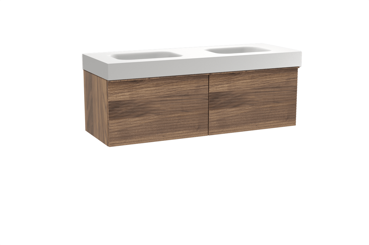 Balmani Forma zwevend badkamermeubel 150 x 55 cm amerikaanse notelaar met Arcato dubbele wastafel in solid surface mat wit, Horizontale symmetrische rechte ribbel