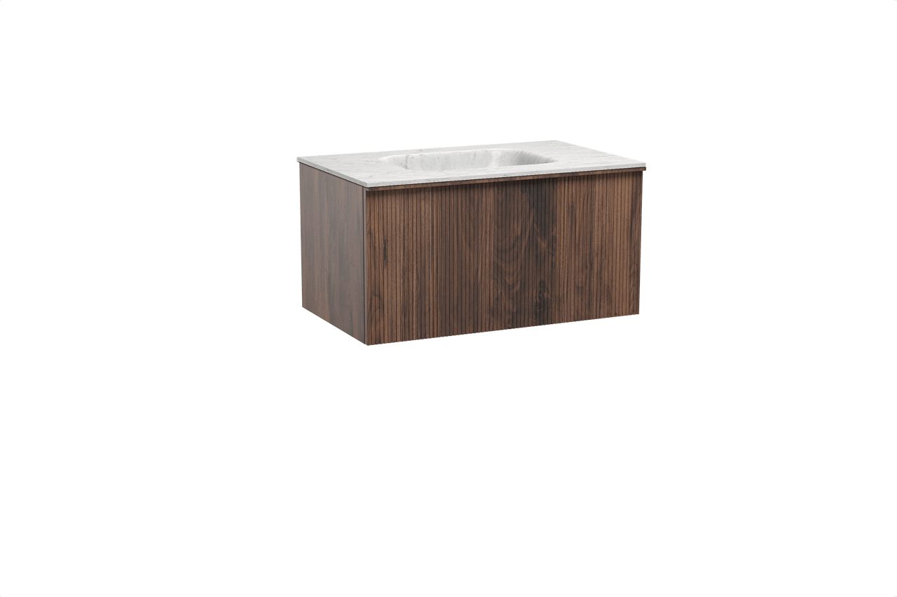 Balmani Forma zwevend badkamermeubel 90 x 55 cm amerikaanse notelaar met Tablo Arcato enkele wastafel in marmer carrara, Verticale symmetrische rechte ribbel