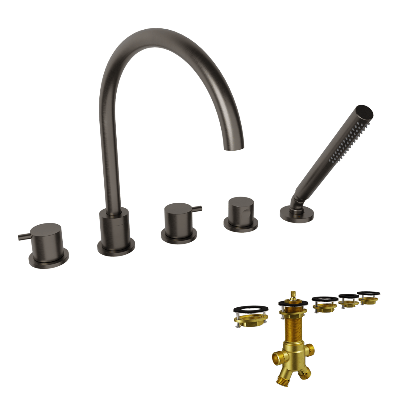 Blaufoss Round 5-Loch Badewannenrandarmatur: Brushed GunMetal, inkl. Handbrauseset