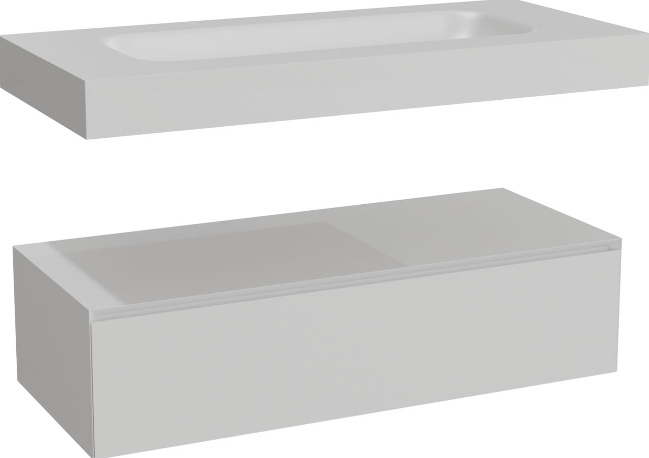 Balmani Mitra Elements hängendes Möbelstück Set: 120 x 55 cm, Weiß matt mit Arcato Einzelwaschtisch für 2 Armaturenlöcher, Solid Surface Weiß matt