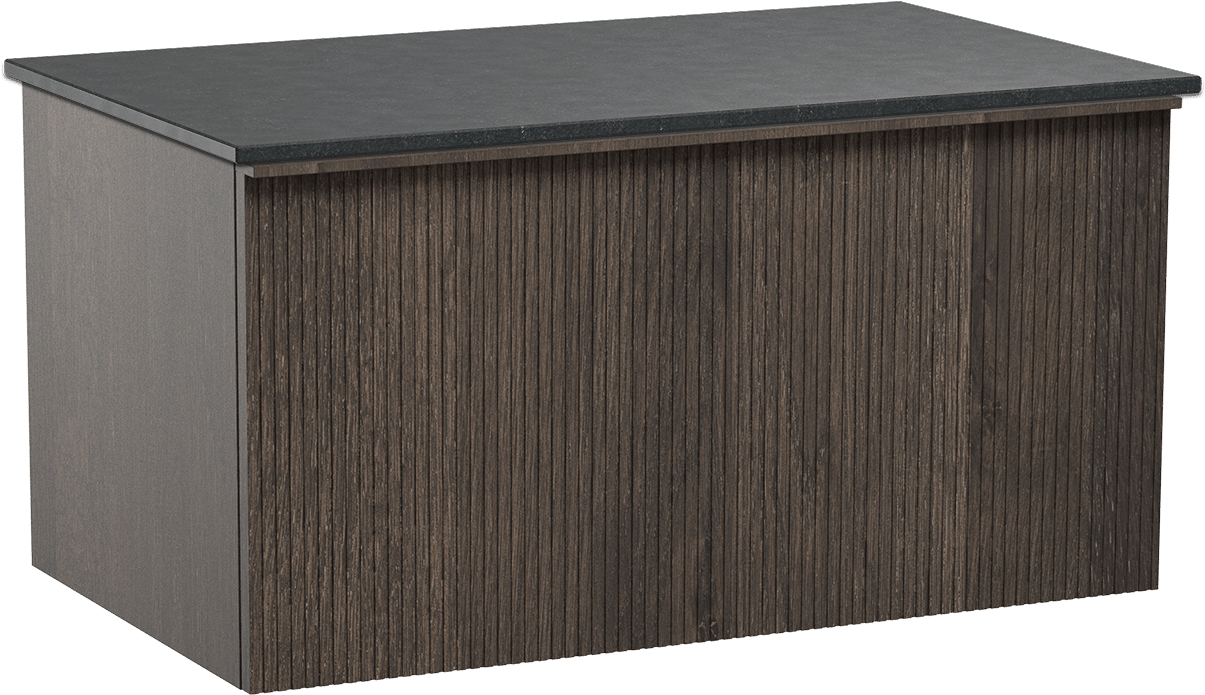 Balmani Forma hängendes Möbelstück Set: 90 x 55 cm, Geräucherte Eiche, mit Stretto Einzel Waschtischplatte, Granit, Schwarzes Granit, Vertikale symmetrische gerade Rippe